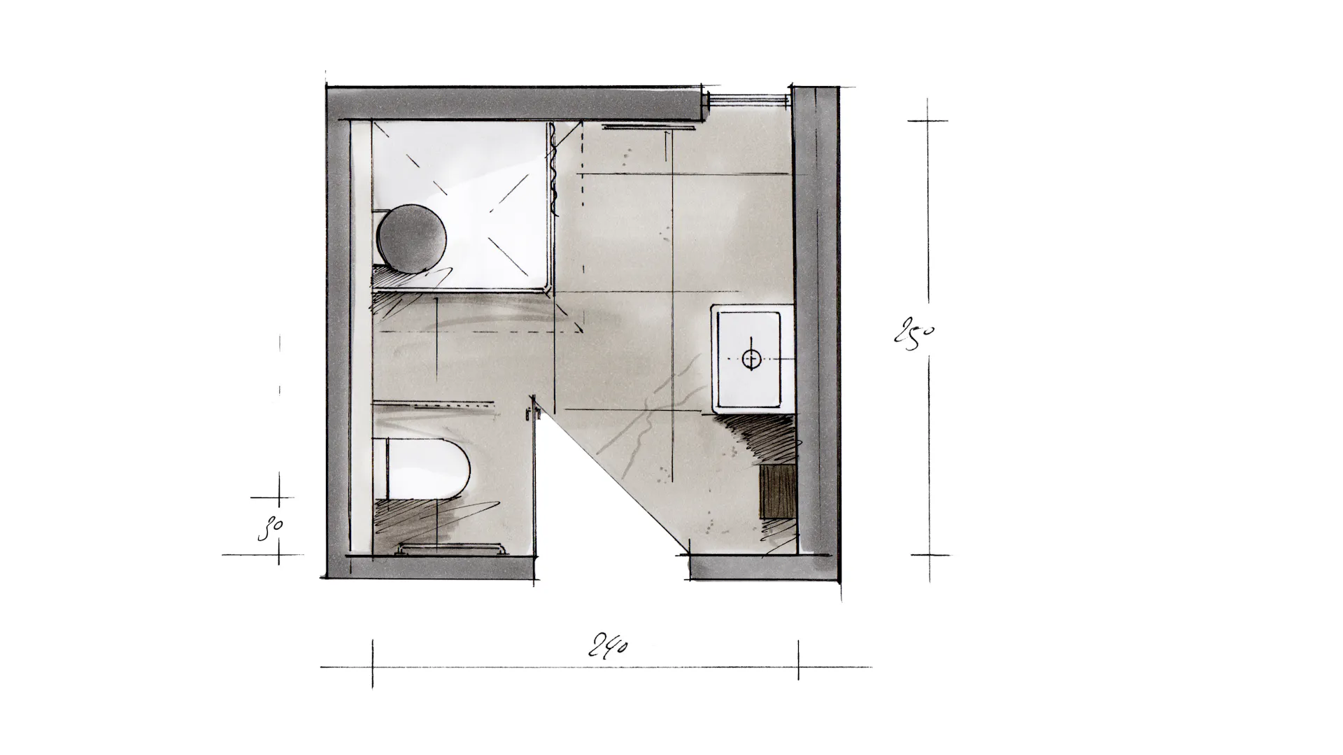 Skizze eines Badezimmer-Grundriss mit WC, Dusche und Waschbecken