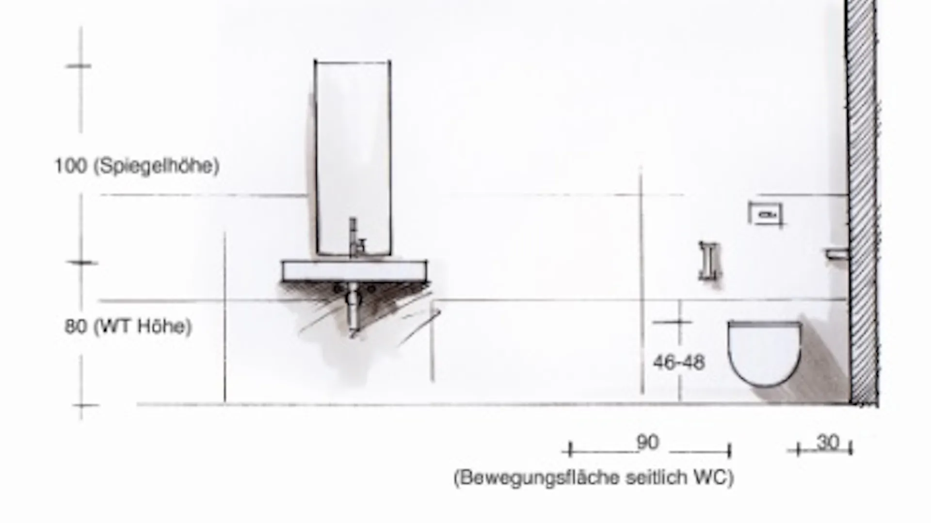 Skizze eines Badezimmers mit Waschbecken und WC sowie Maßangaben zur Spiegelhöhe und Bewegungsfläche