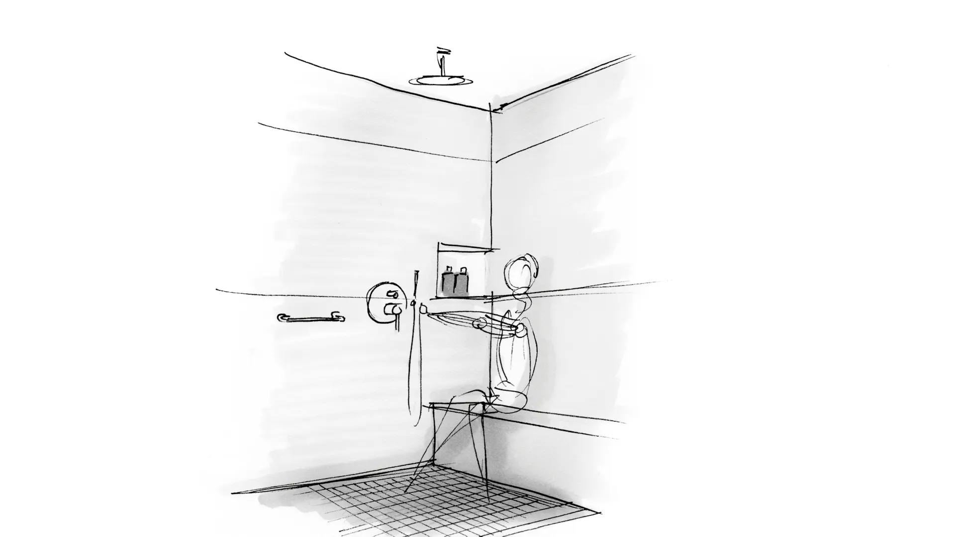 Skizze einer barrierefreien Dusche mit Sitzmöglichkeit und Duschkopf