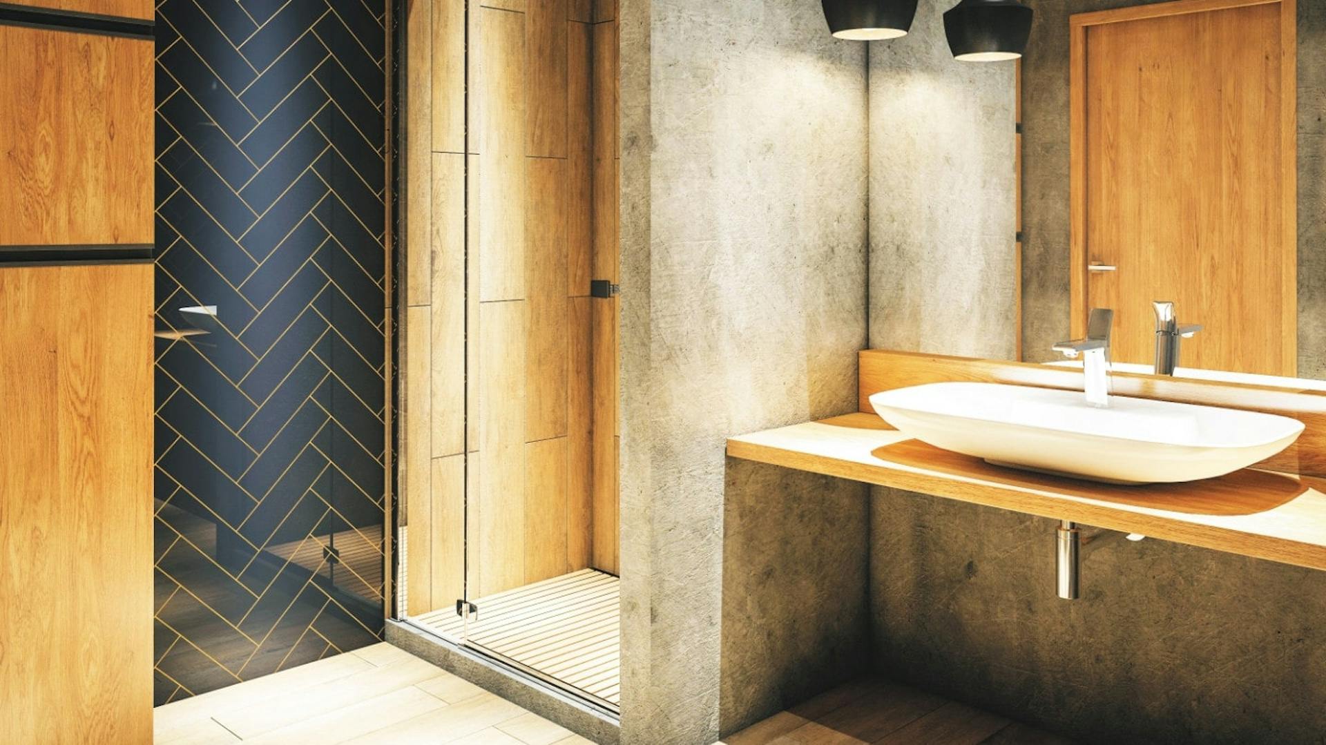 Einbaustrahler in einem Holzbad.