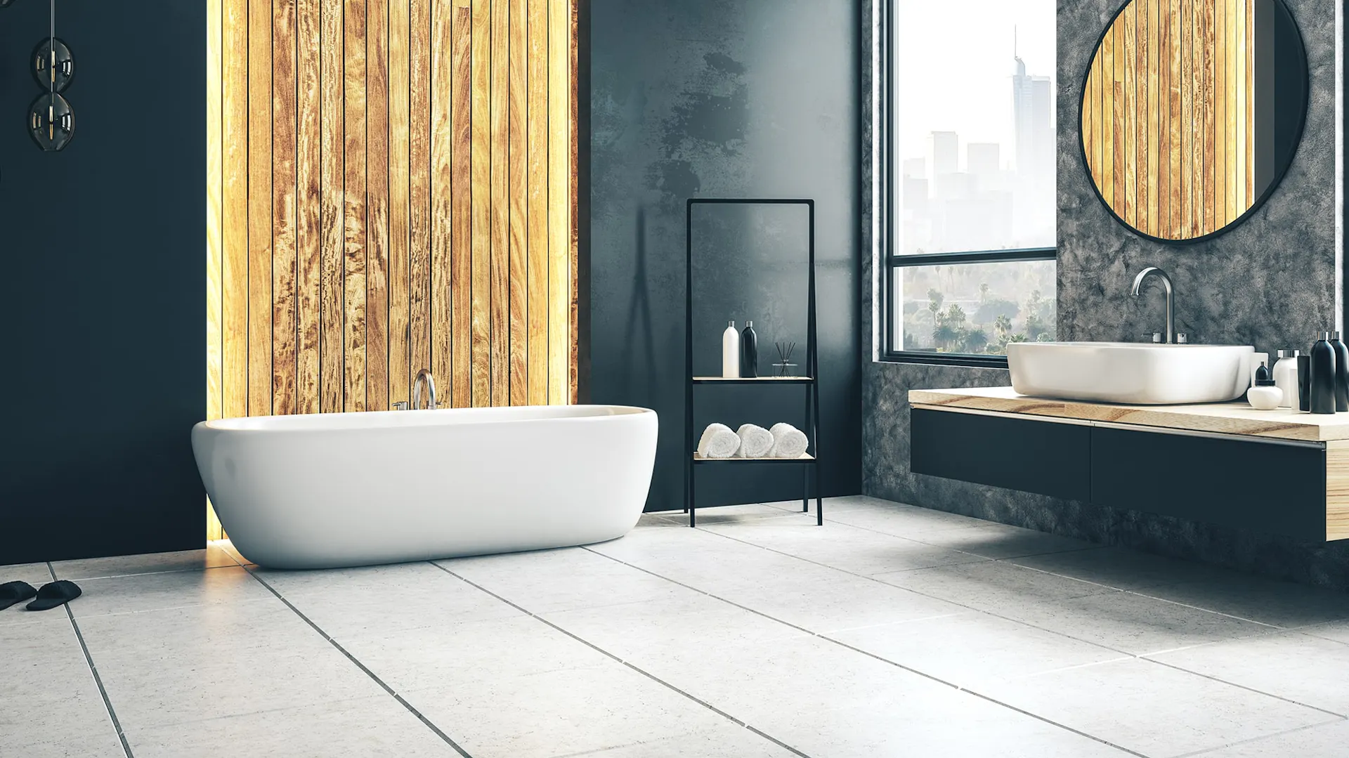 Design-Badewanne in einem Bad mit Betonoptik.
