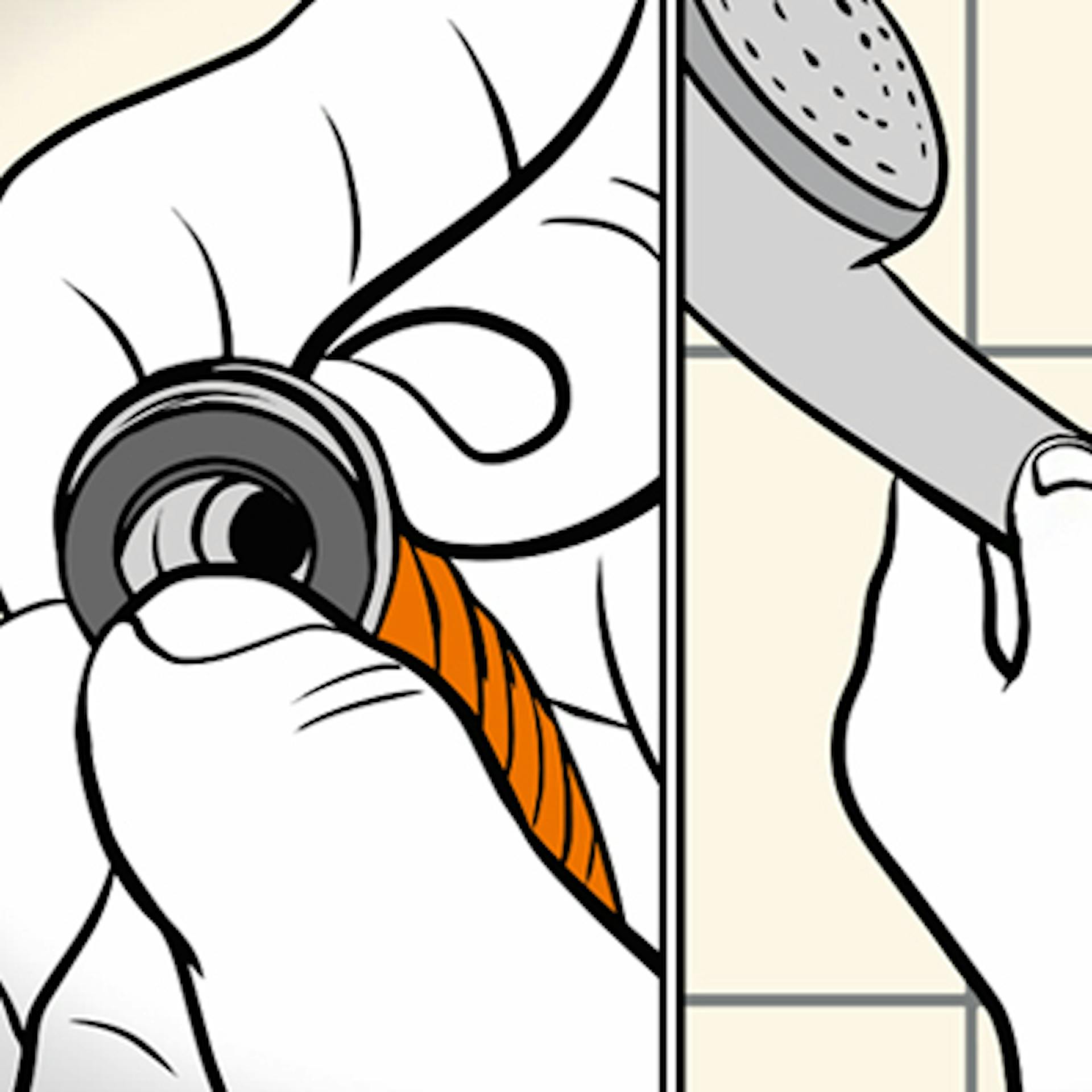 Heimwerker montiert Duschschlauch am Brausekopf.