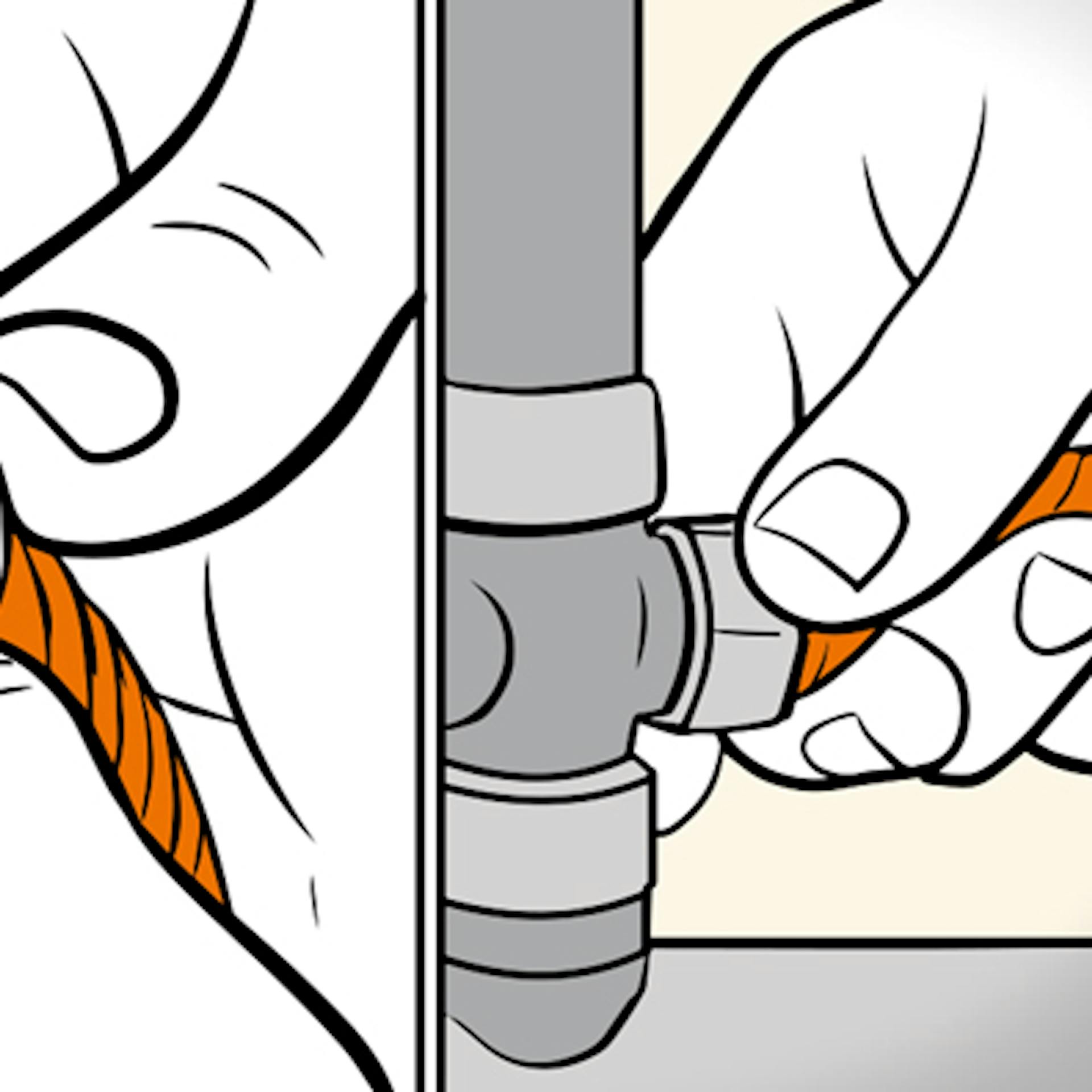 Heimwerker befestigt Duschschlauch an der Armatur der Dusche.