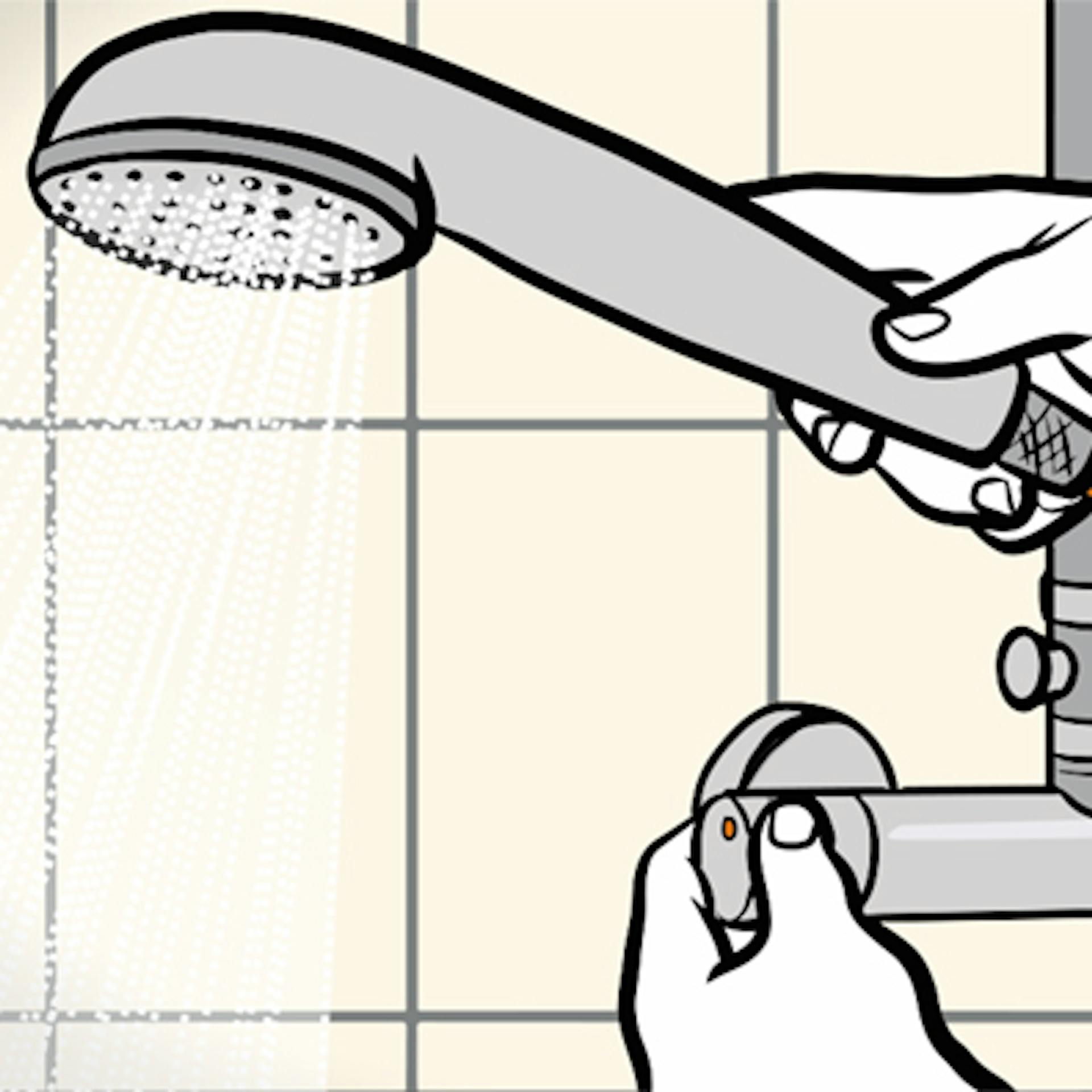 Heimwerker überprüft Dichtigkeit des neuen Duschschlauchs in der Dusche.