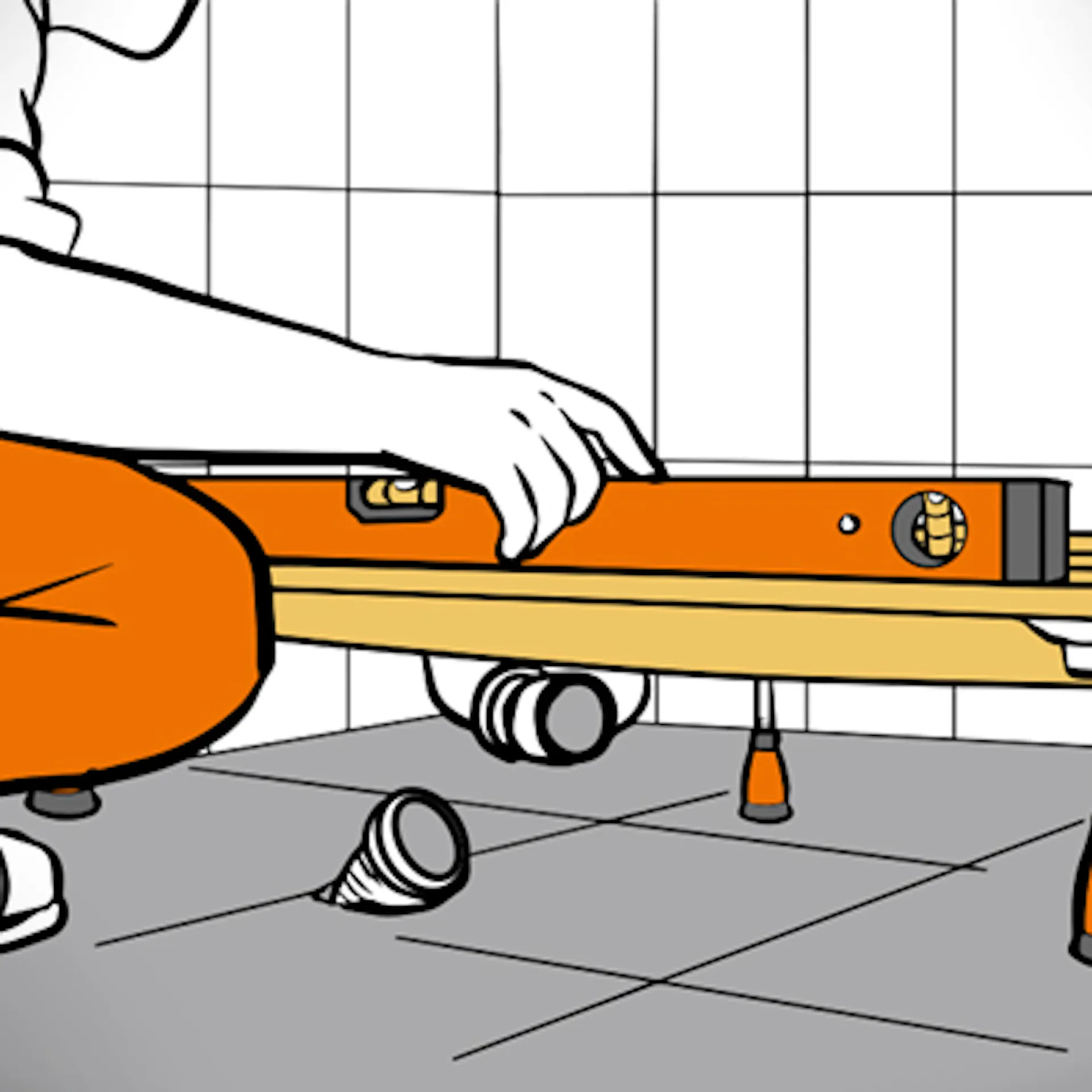 A barkácsoló vízmértékkel behelyezi a zuhanytálcát a fürdőszobában.