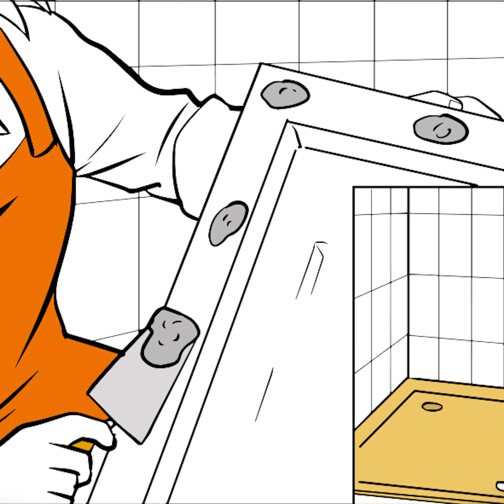 A barkácsoló felállítja a zuhanytálcatartót.