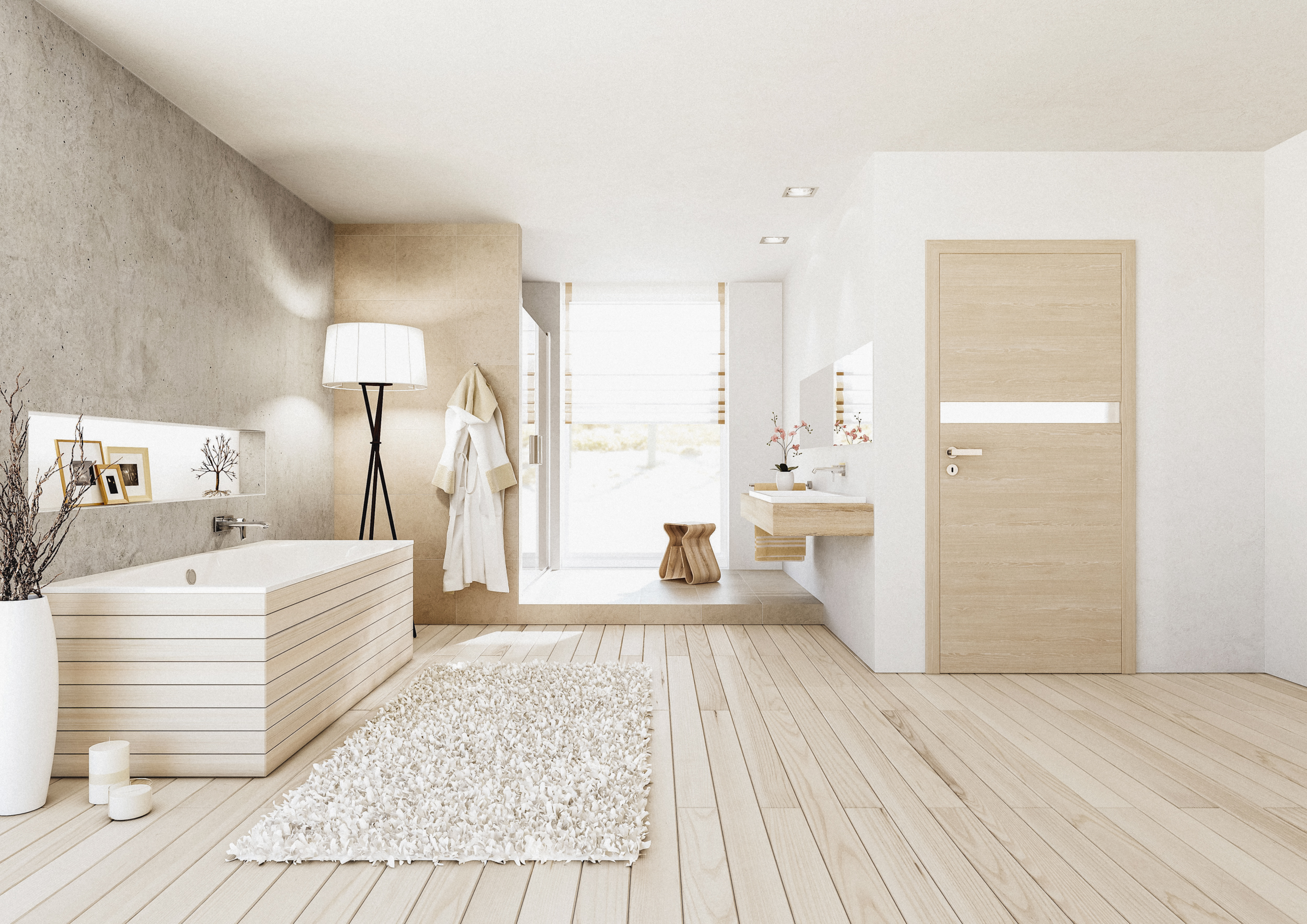 Helles Badezimmer mit Holzboden und Holzverkleidung