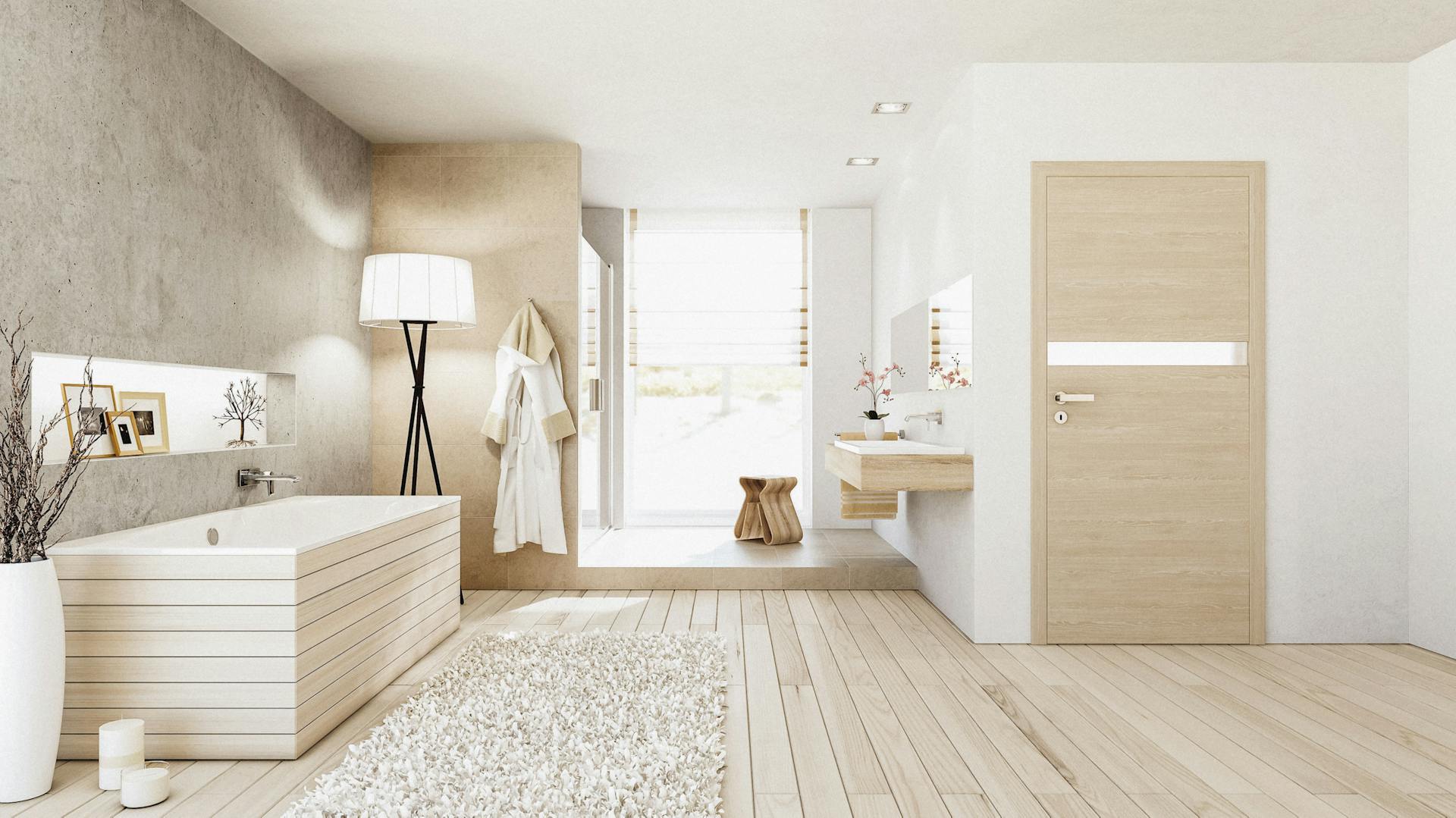 Helles Badezimmer mit Holzboden und Holzverkleidung