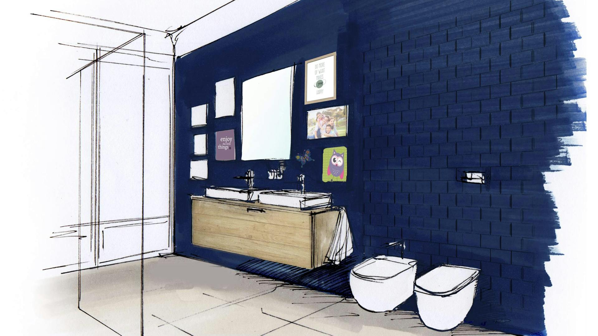 Modernes Badezimmer mit einer Wand mit maritimen Metrofliesen