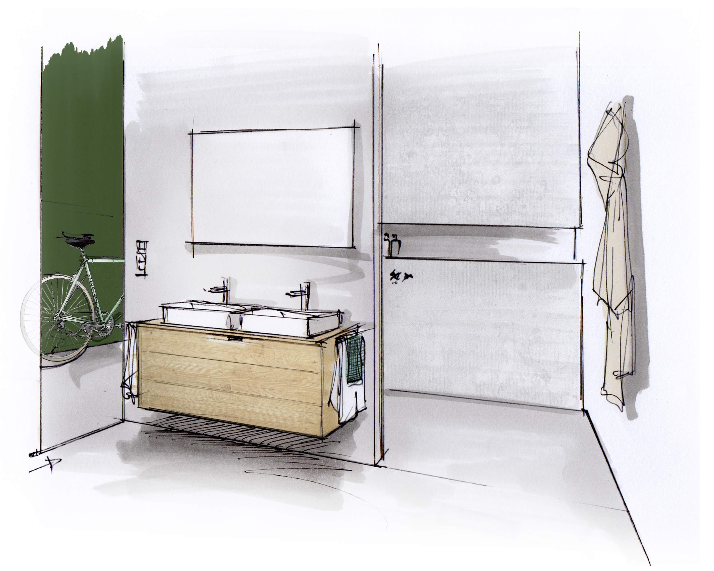 Modern, ipari stílusú fürdőszoba zöld színű csempézett falfelülettel.