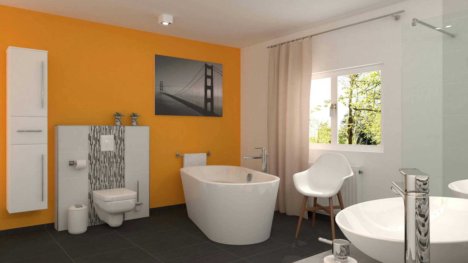 Großes, modernes Bad mit einer gelben Wand