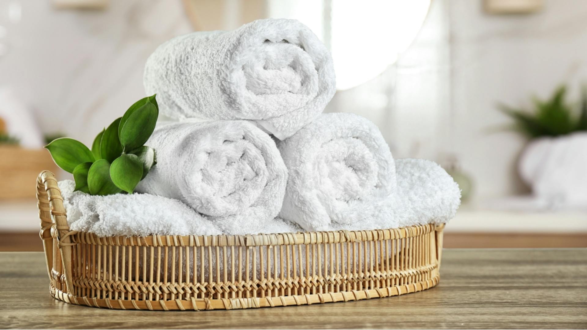 Aufgerollte weiße Handtücher in einem Korb.