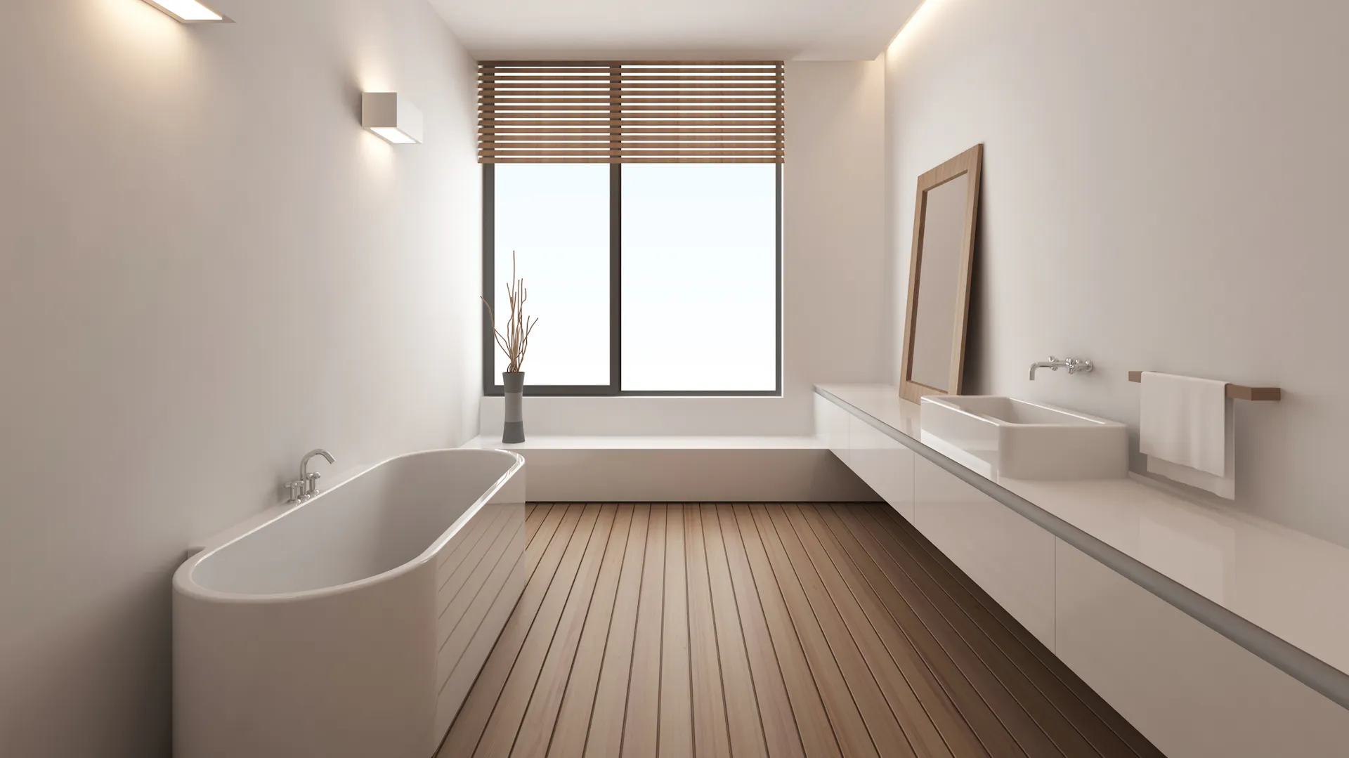 Ein modernes, minimalistisches Badezimmer mit Holzdielen