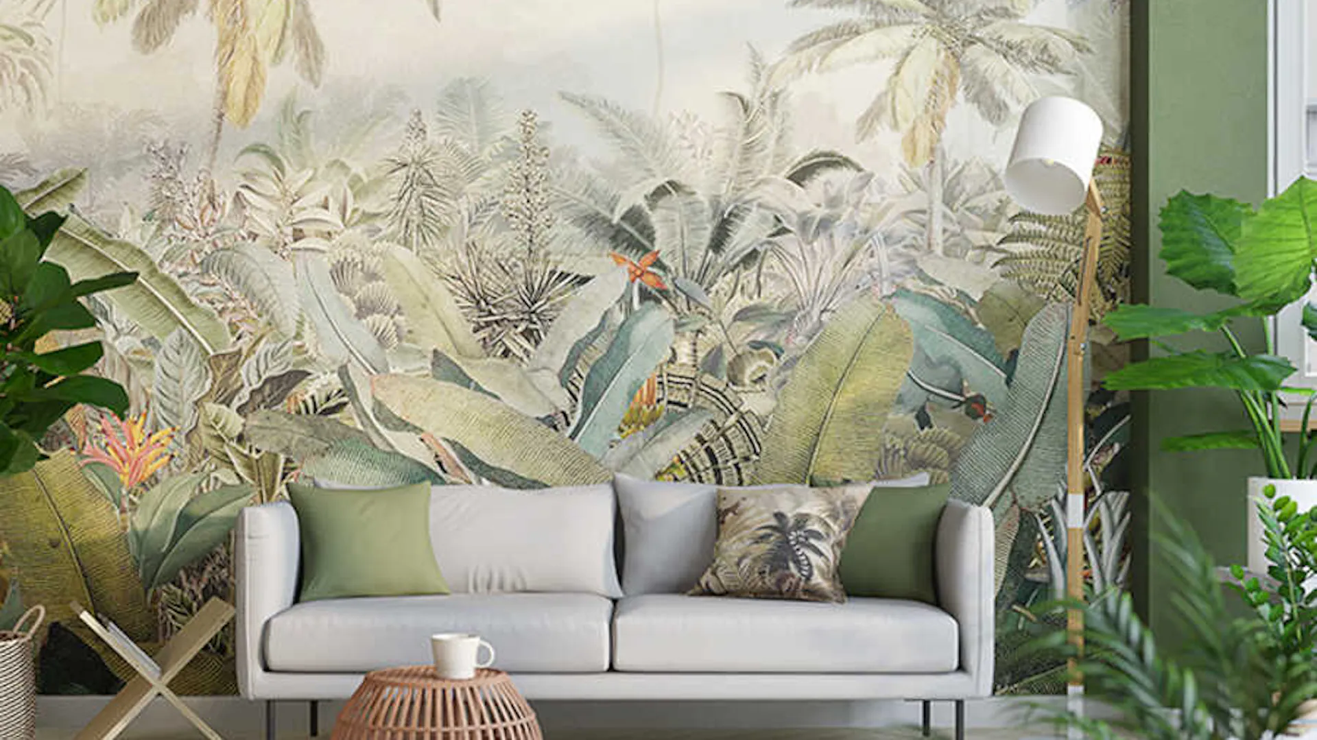 Wohnzimmer im Jungle-Botanik Stil mit Fototapete.