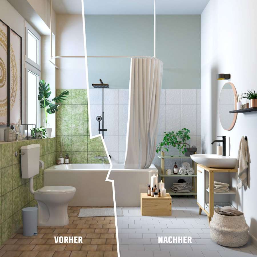 Vergleich Badezimmer vor neuem Lack und Badezimmer nach neuem Lack 