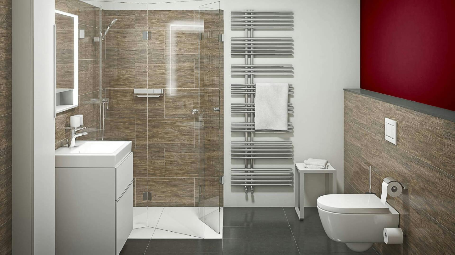 Kis fürdő elrendezés padlósíkba süllyesztett zuhanyzóval