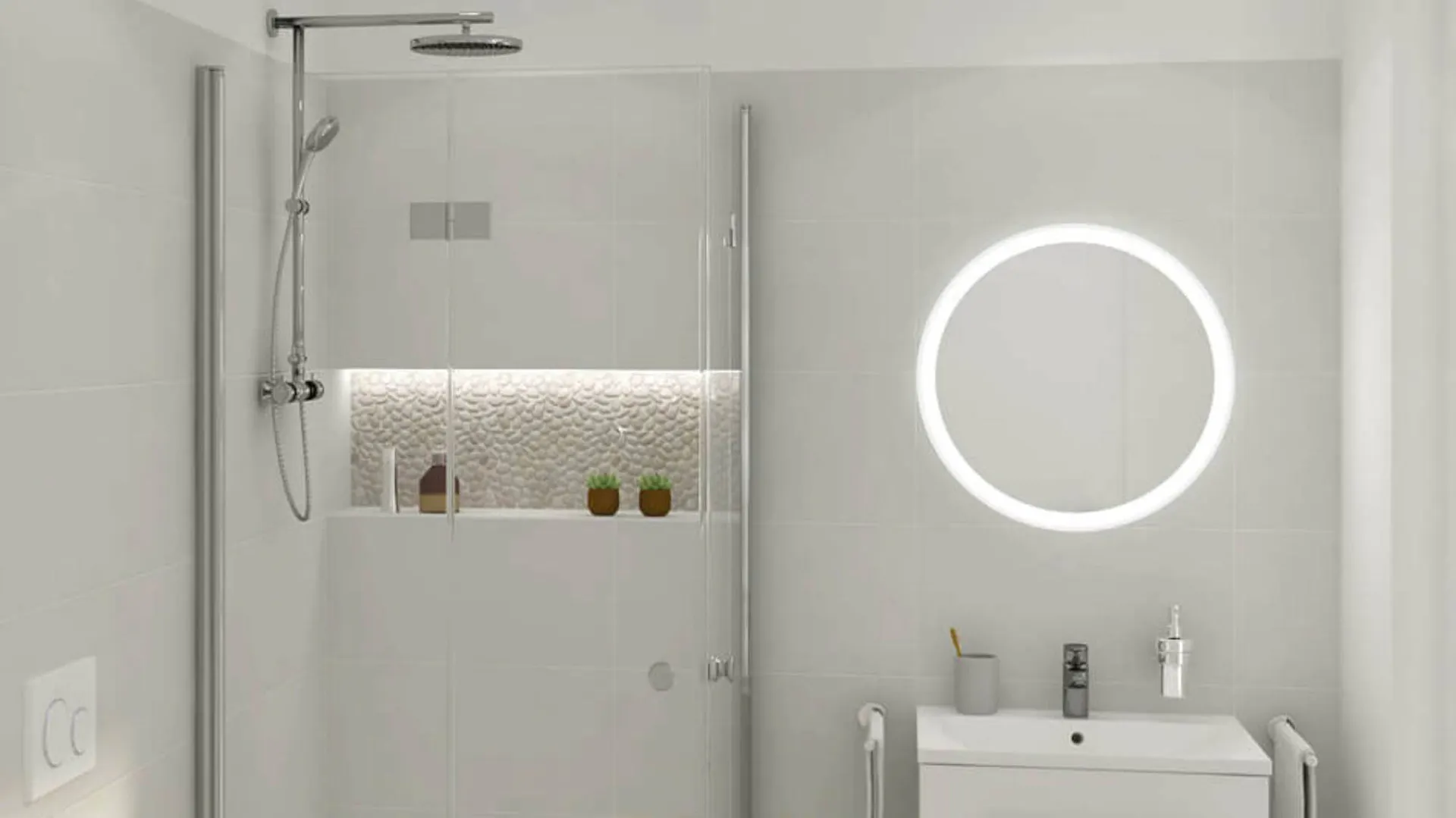 Malá koupelna s LED osvětlením na zrcadle a na stěně ve sprše