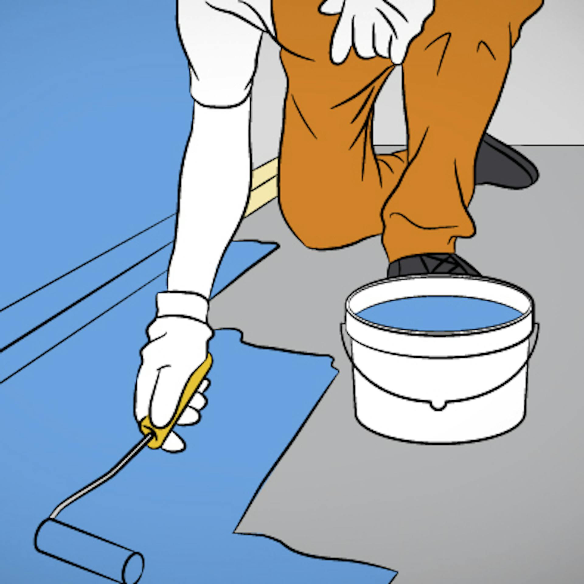 Heimwerker nimmt Abdichtungsanstrich mit dem Farbroller auf Bodenfläche in Nasszelle vor.