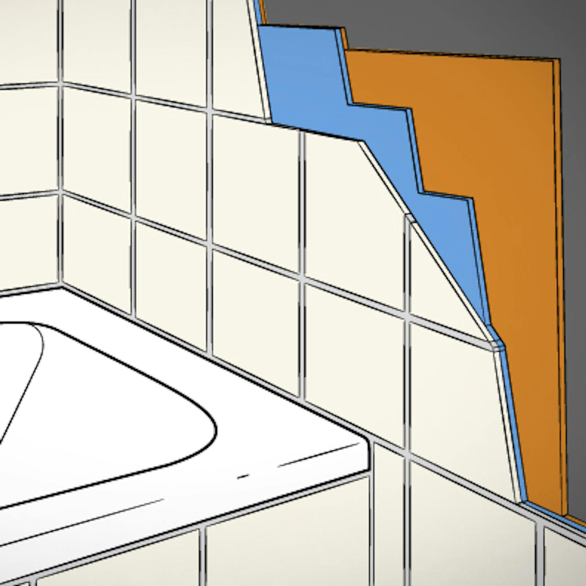 Der Untergrund unter Fliesen wird für die Abdichtung einer Nasszelle vorbereitet.