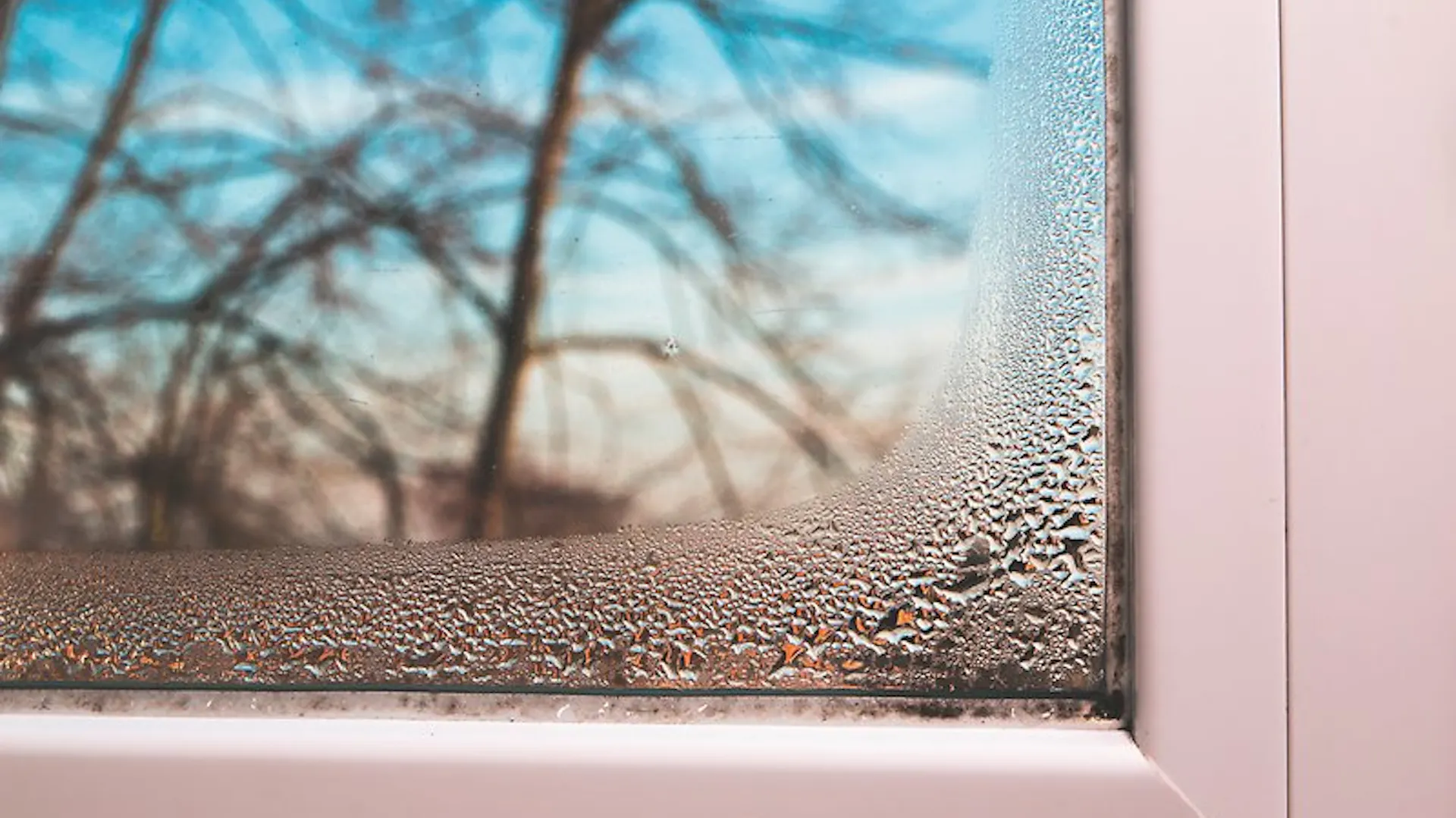 Fensterkante mit kondensiertem Wasser.