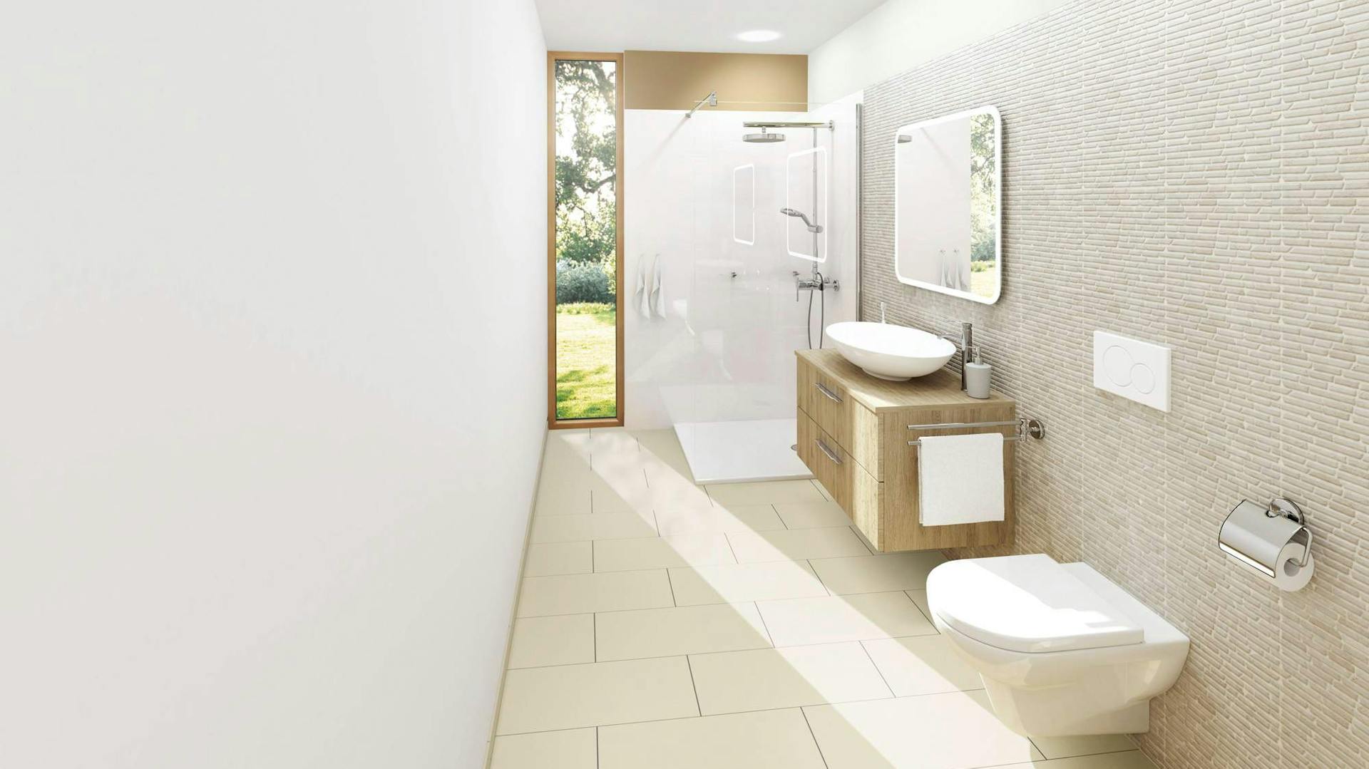 Schmales Bad in Sandtönen und Fenster