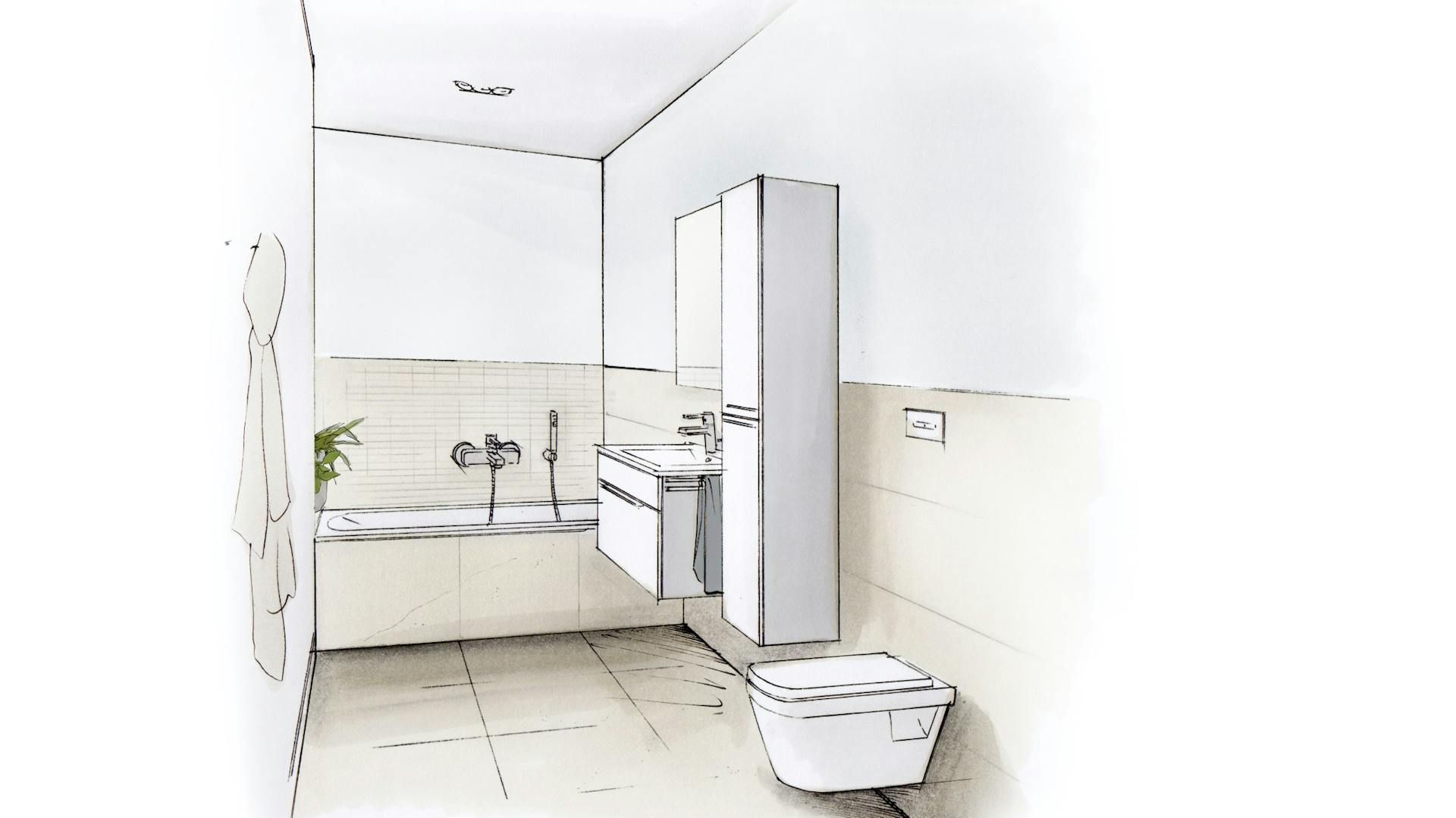 Skizze eines kleinen helle Schlauchbades mit Badewanne Waschbecken Toielette Bademantel an Haken und kleinem Schrank