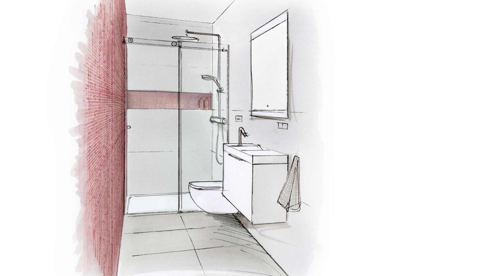 Skizze eines kleinen Schlauchbades mit Dusche Toilette Waschbecken und Spiegel