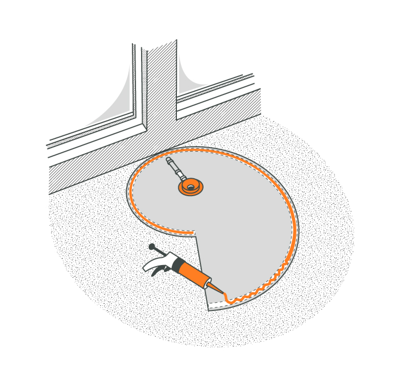 Die Bodenplatte der Schneckendusche wird mit einem Hybriddichtstoff abgedichtet.