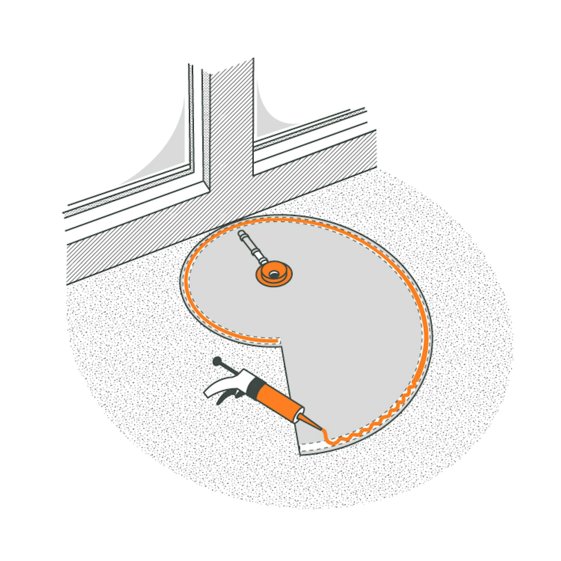 Die Bodenplatte der Schneckendusche wird mit einem Hybriddichtstoff abgedichtet.