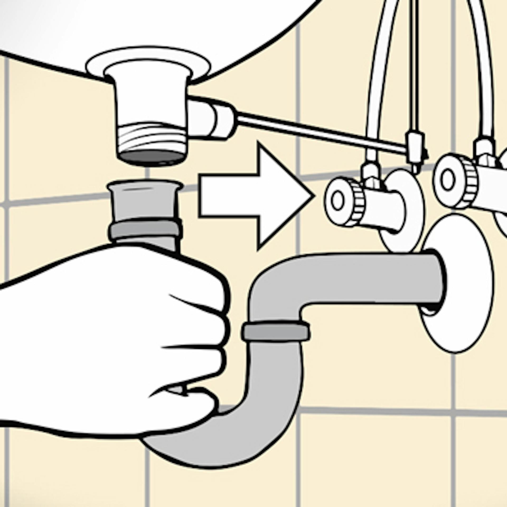 Illustration zeigt die Montage eines Siphons am Wandanschluss.