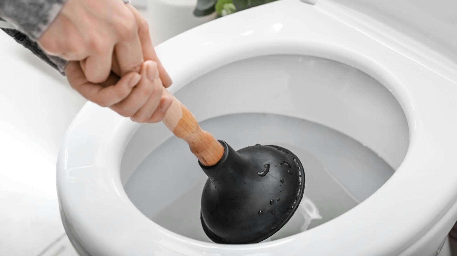 Una persona pulisce una toilette intasata con lo sturalavandini.