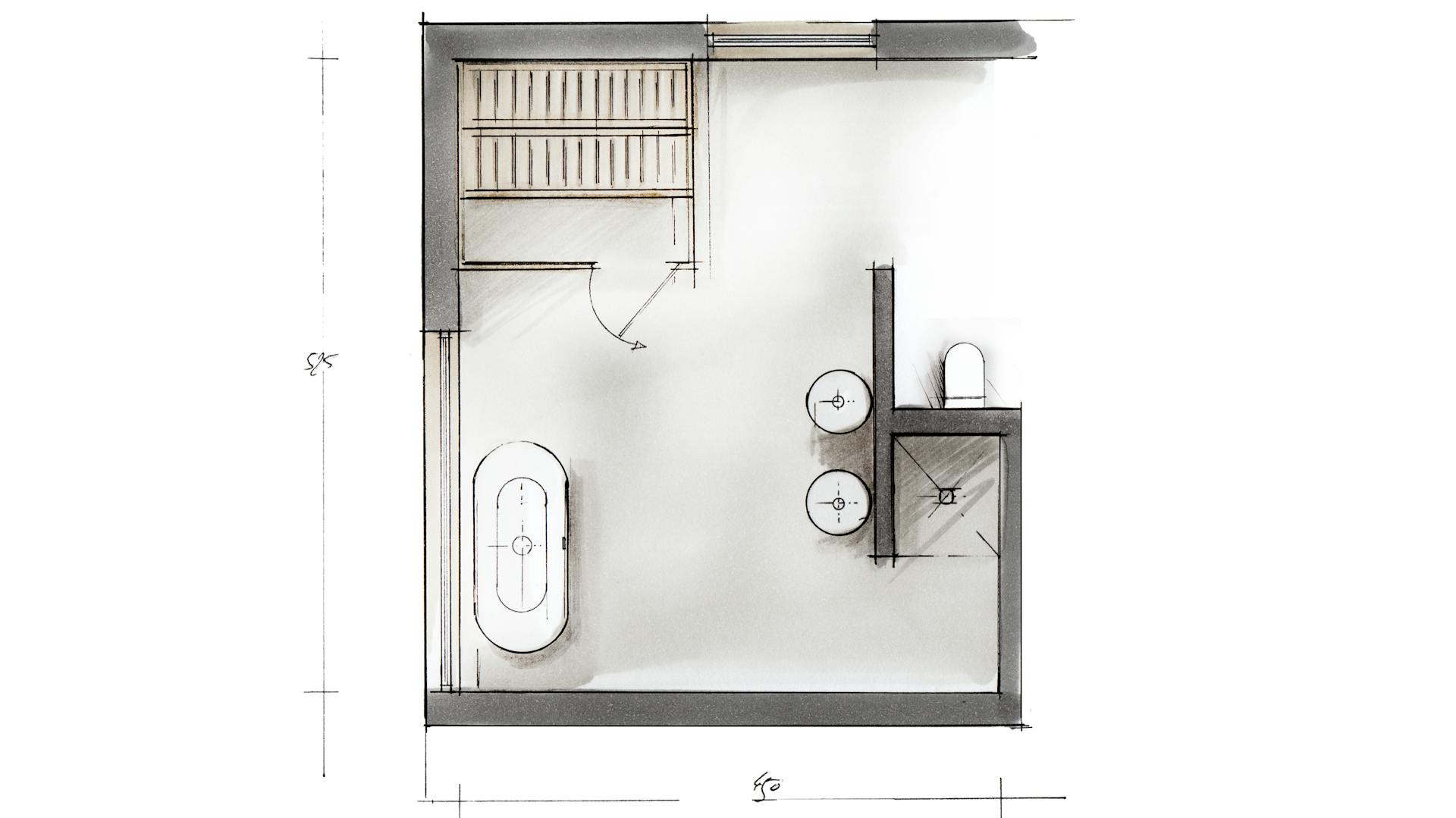 Grundriss eines Badezimmers mit Trockenbauwänden