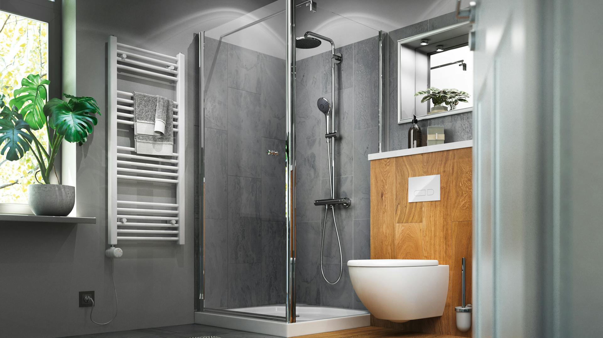 Badezimmer mit Vorwandelement in Holzoptik für das WC