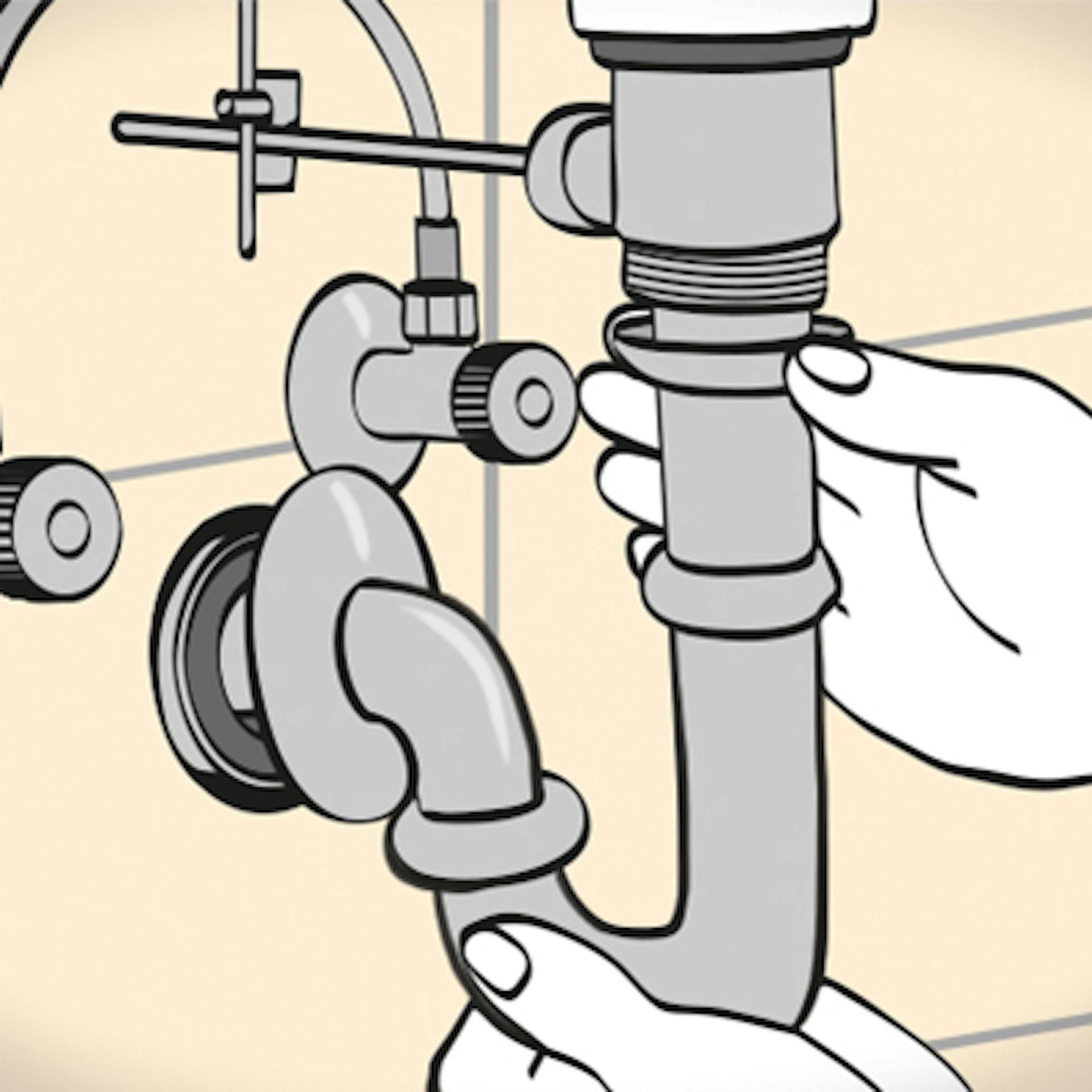 Heimwerker montiert Siphon am Waschbecken.