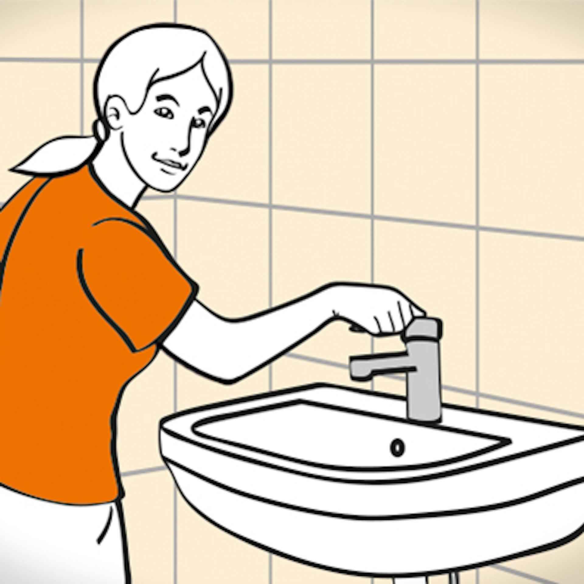 Heimwerkerin prüft neue Waschtischarmatur auf Dichtigkeit, indem sie den Wasserhahn laufen lässt.