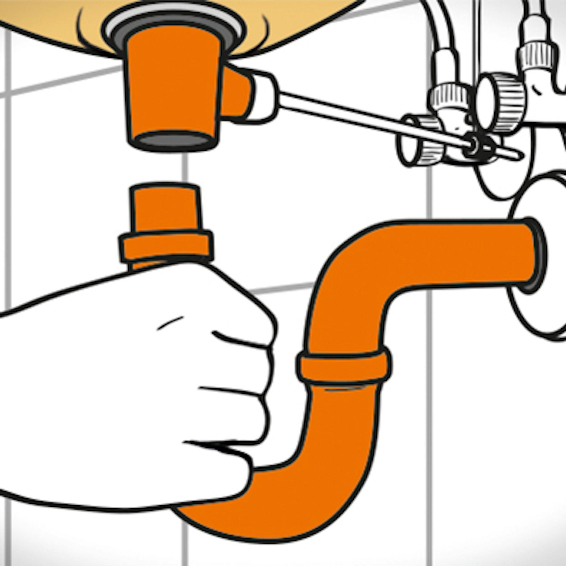 Hand montiert Geruchverschluss an Waschbeckenunterseite