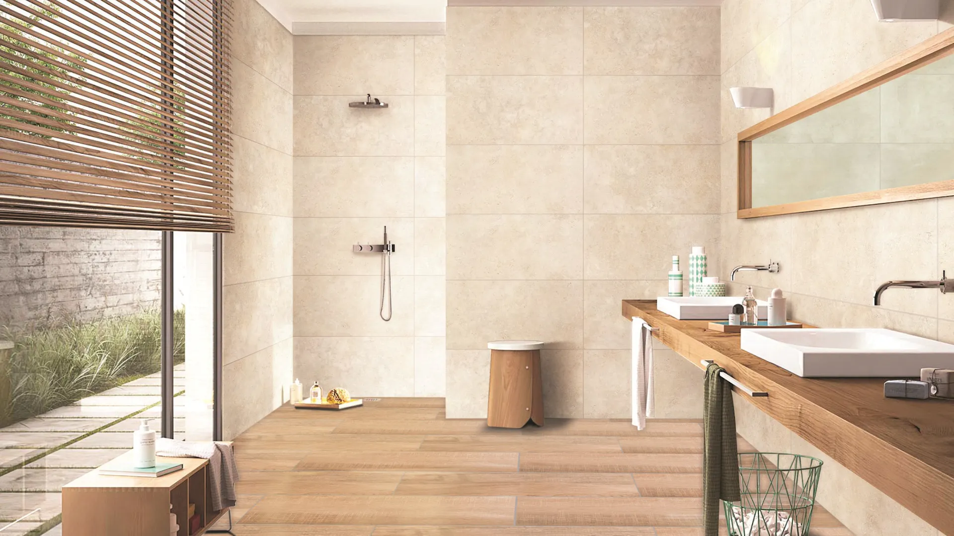 Wellnessbad mit ebenerdiger Dusche mit Regenduschenfunktion