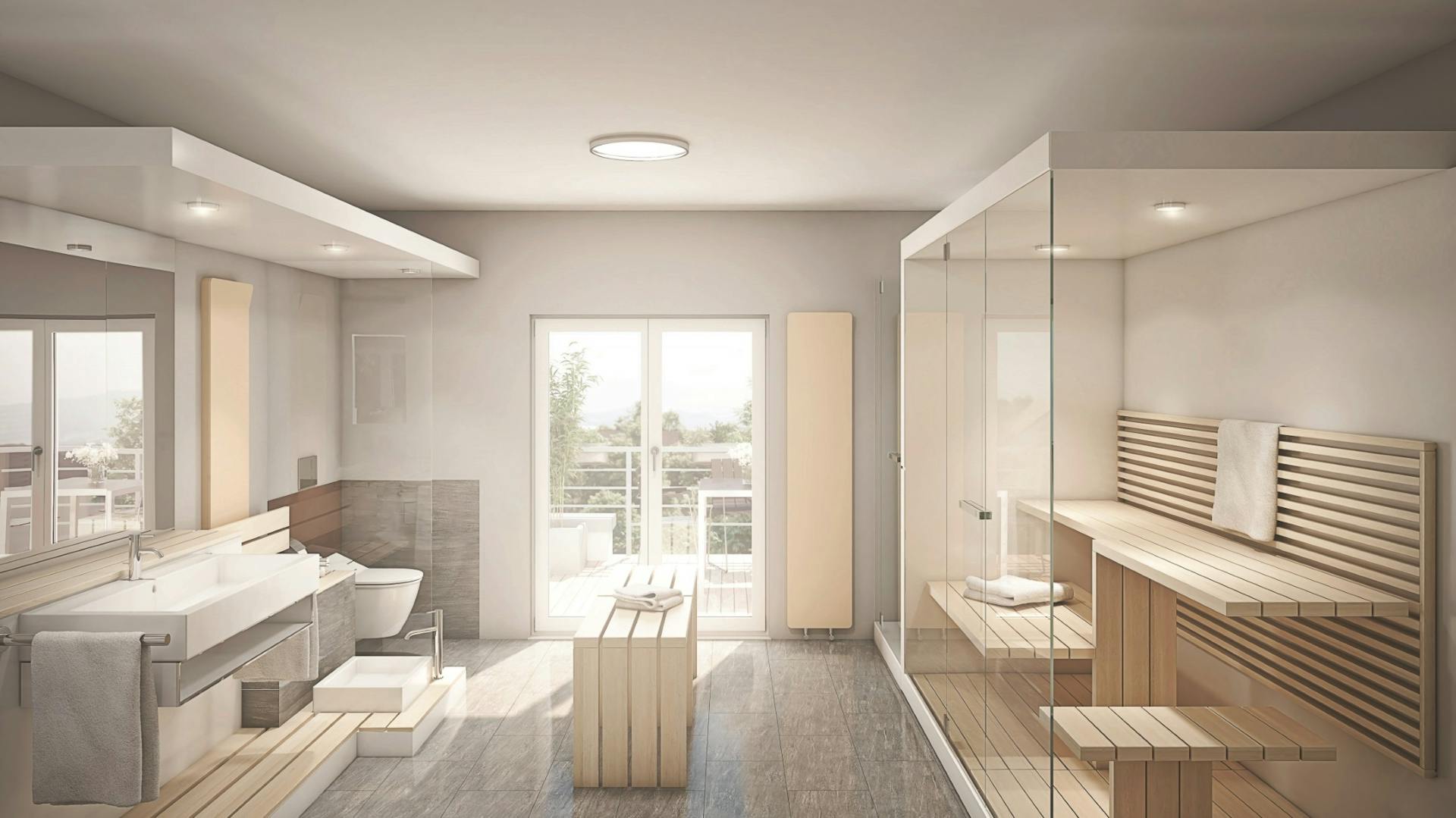 Skizze von Wellnessbad mit freistehender Badewanne, Saune und ebenerdiger Regenwasserdusche