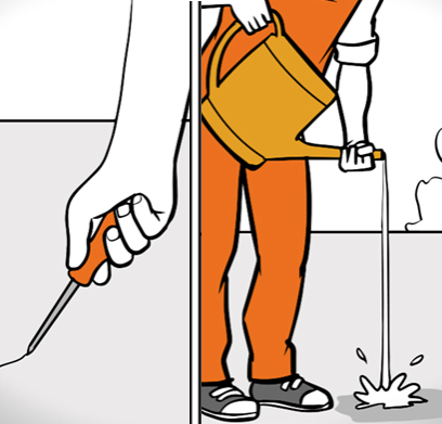 Heimwerker überprüft den Beton des Balkons vor dem Abdichten mit Wasser und Schraubendreher.