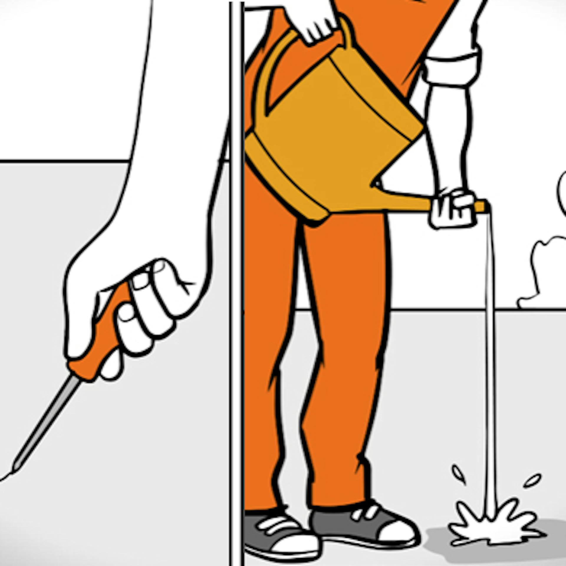 Heimwerker überprüft den Beton des Balkons vor dem Abdichten mit Wasser und Schraubendreher.