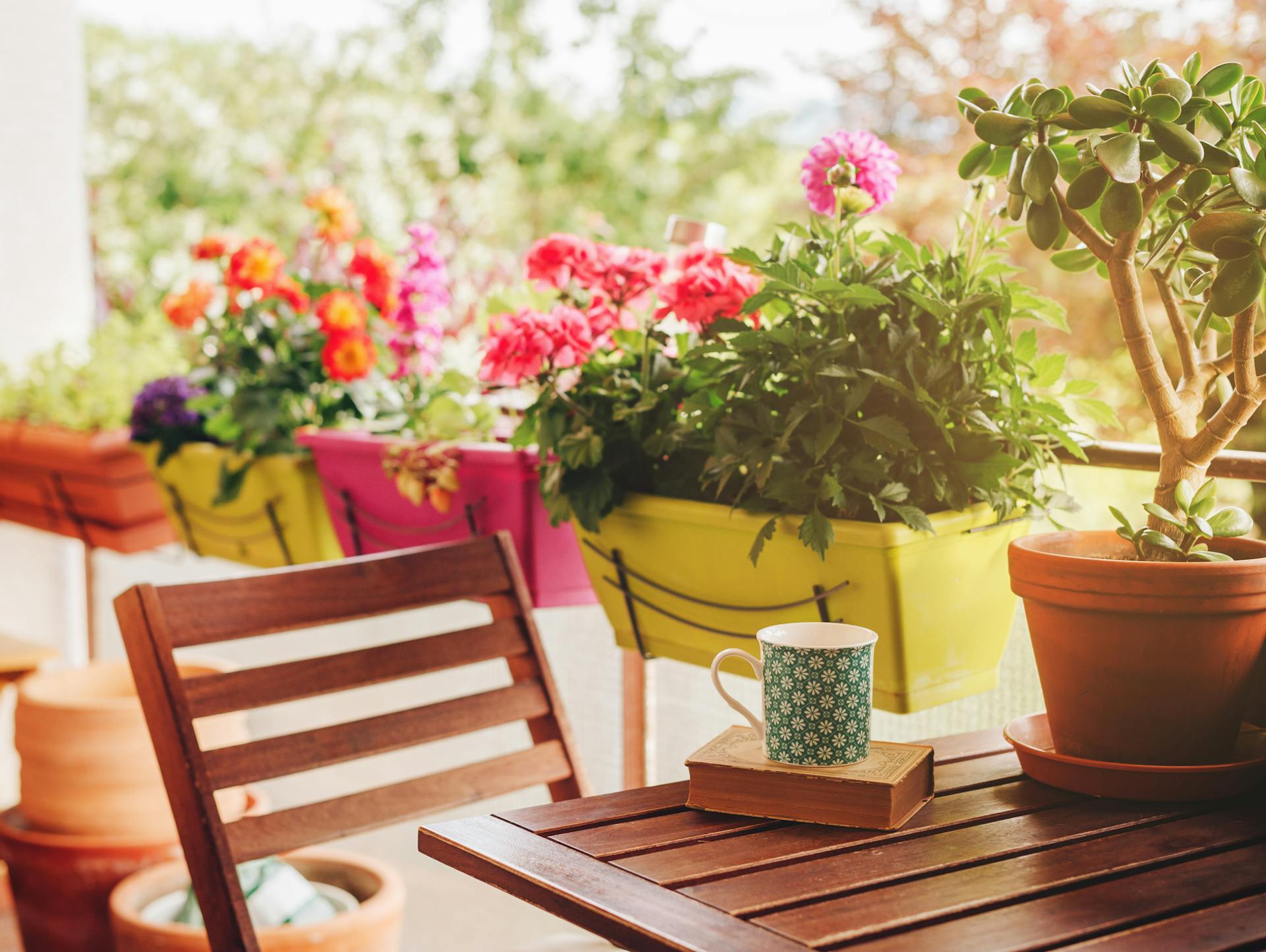 Slnečný balkón s vysadenými hrantíkmi