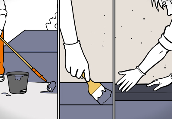 Balkon abdichten: Schritt 1 – Heimwerker streicht Dichtungsanstrich auf Balkon mit Farbrolle. Schritt 2 – Dichtungsanstrich mittels Pinsel auf Radbereich streichen. Schritt 3 – Dichtband aufkleben.