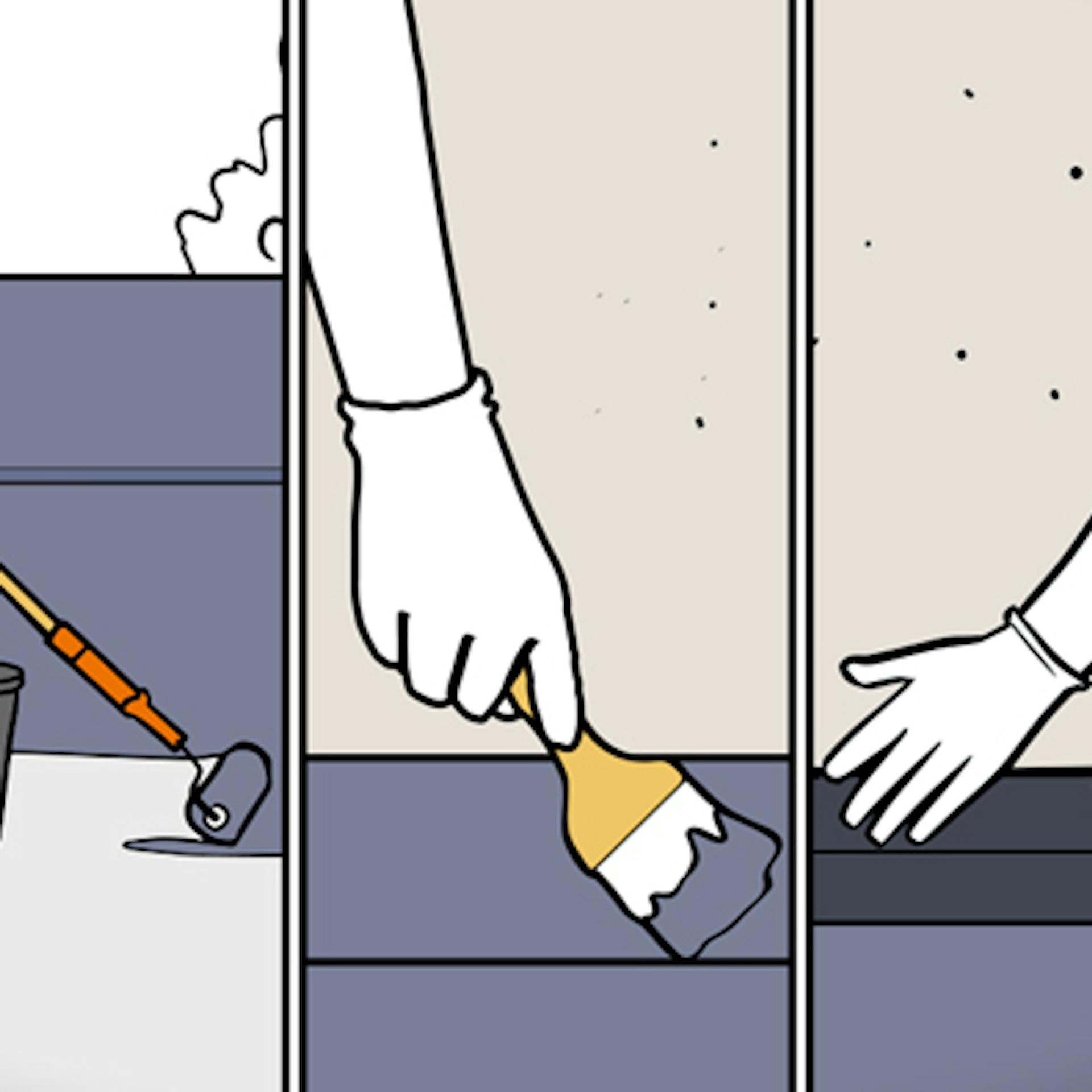 Balkon abdichten: Schritt 1 – Heimwerker streicht Dichtungsanstrich auf Balkon mit Farbrolle. Schritt 2 – Dichtungsanstrich mittels Pinsel auf Radbereich streichen. Schritt 3 – Dichtband aufkleben.