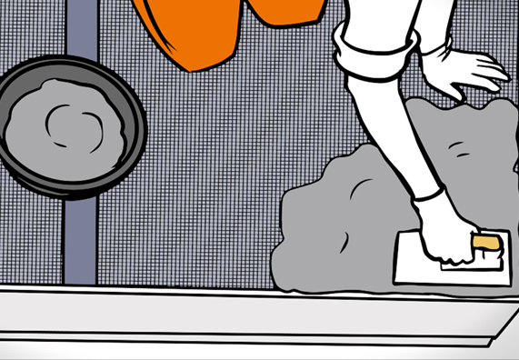 Heimwerker trägt Fliesenkleber auf, nachdem Balkon entkoppelt wurde mittels Entkoppelungsmatte bzw. Drainagematte.