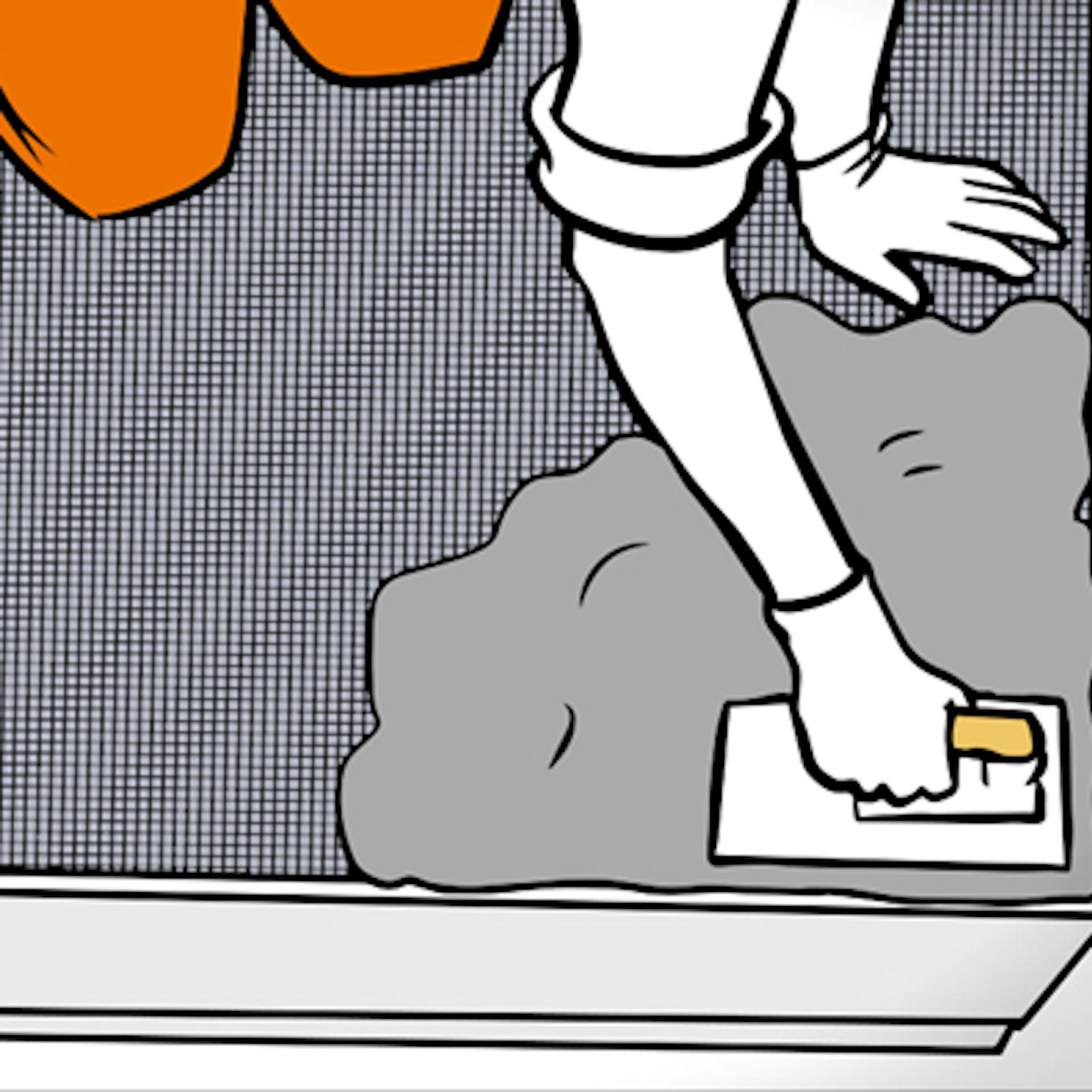 Heimwerker trägt Fliesenkleber auf, nachdem Balkon entkoppelt wurde mittels Entkoppelungsmatte bzw. Drainagematte.