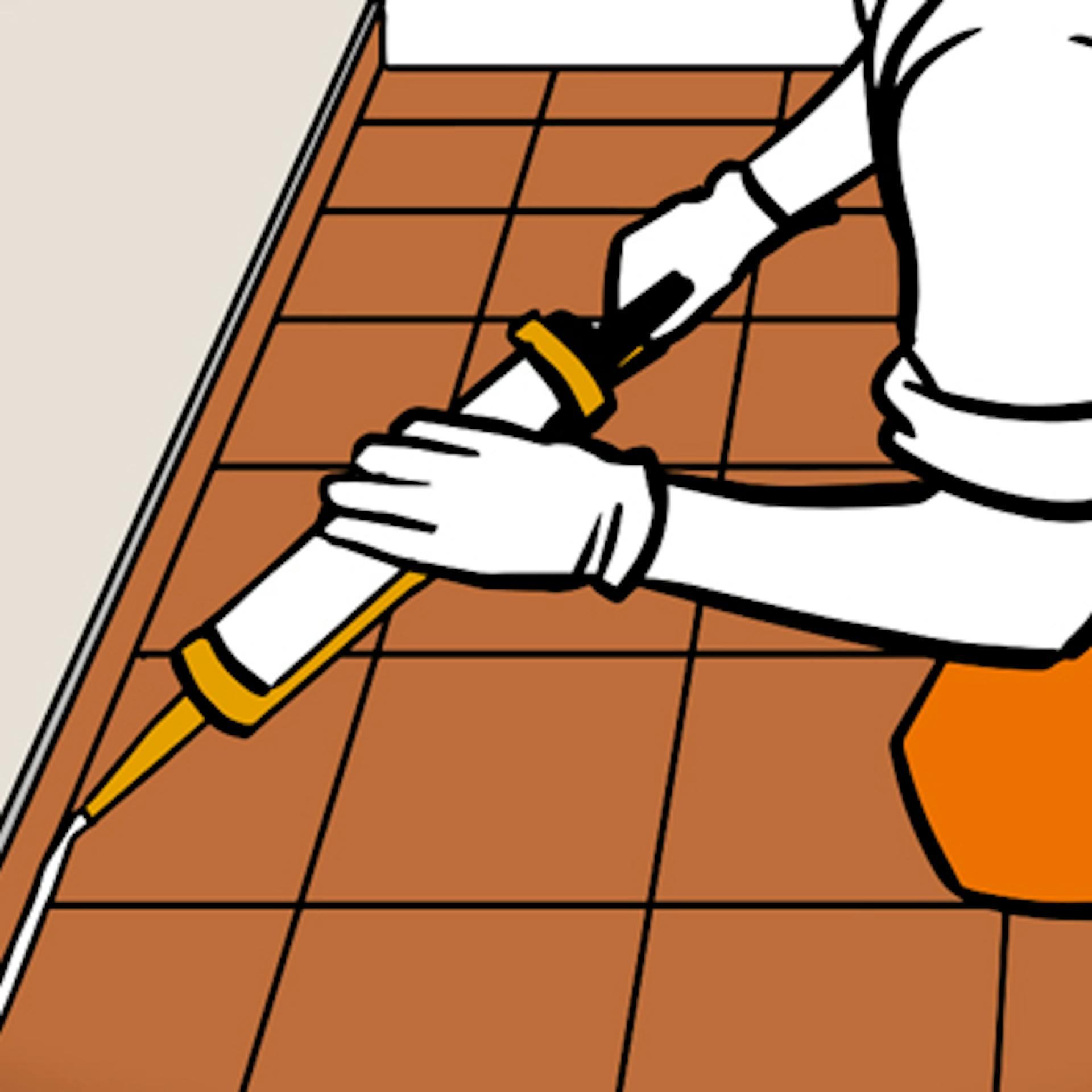 Heimwerker verfugt neu verlegte Fliesen auf dem Balkon mit Silikon.