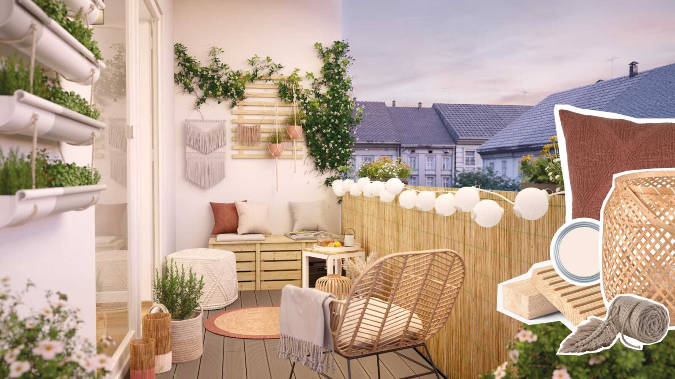 Frontansicht auf die Balkonbank Lasse, die vor einer Wand mit Makrameebehang auf einem Balkon steht.