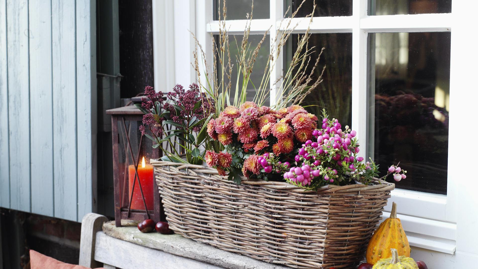 Viele Herbstblumen blühen in einem Korb auf dem Balkon.