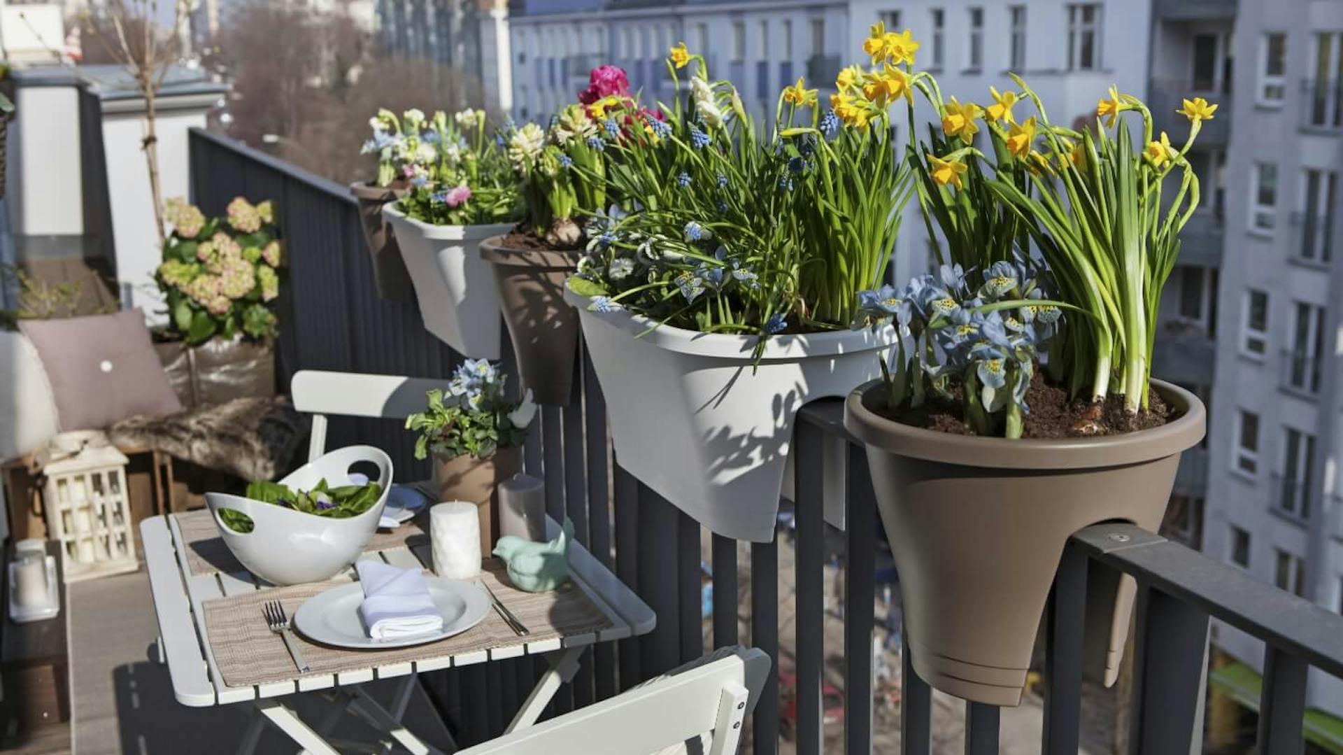 Balkon mit verschiedenen Blumenkästen am Geländer