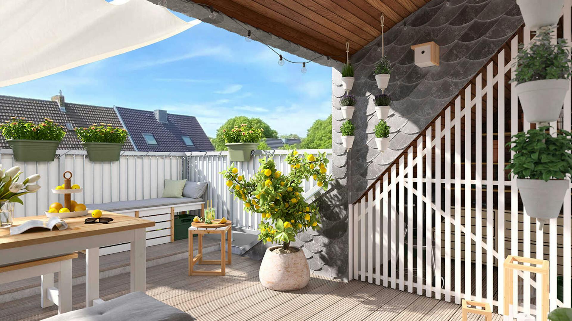 Auf einem großen Balkon stehen Garten Richard und die Balkonbank Lasse umgeben von Kräutern und Pflanzen